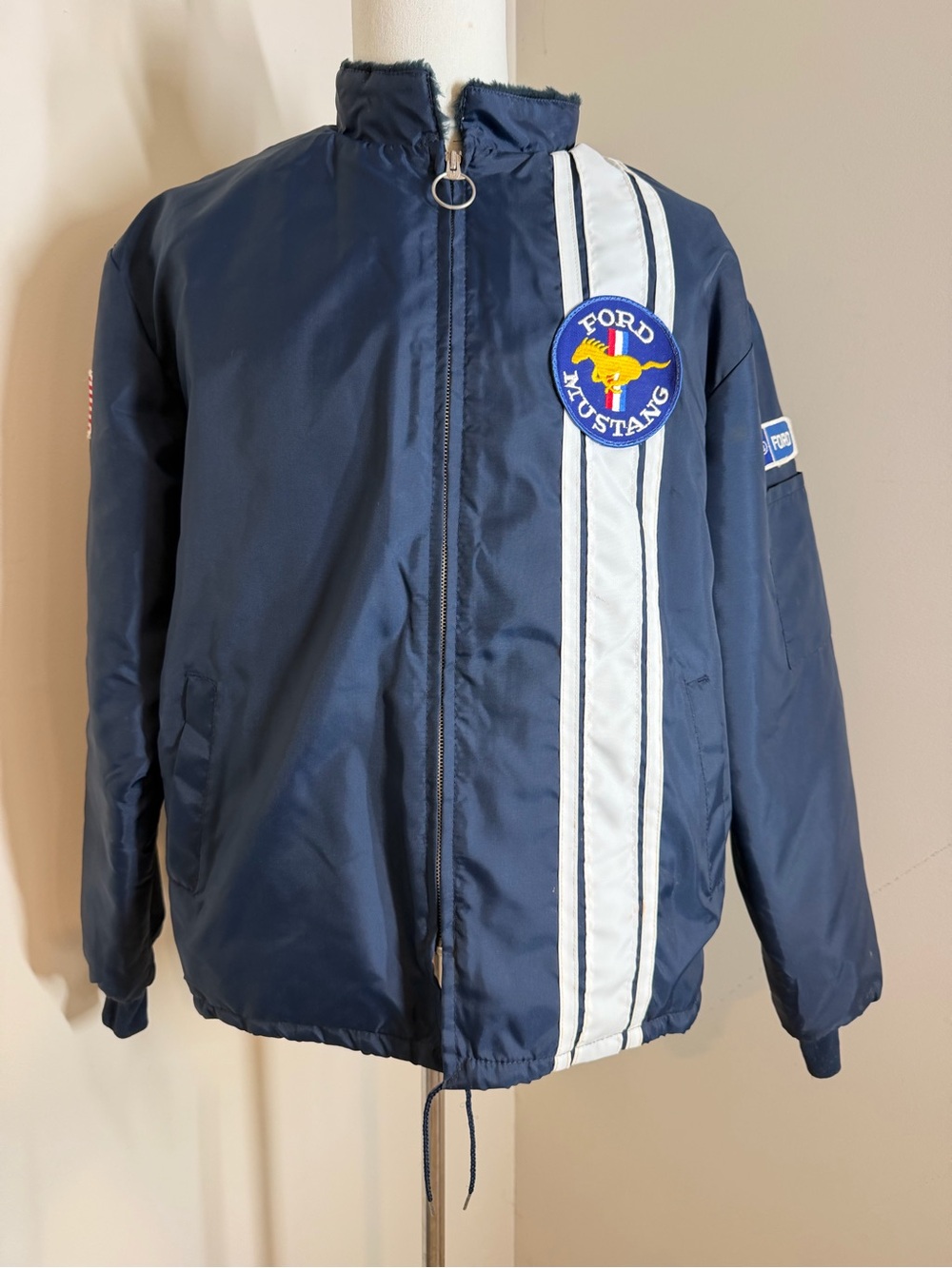 Vtg 70’s Ford Mustang Blue Racing Jacket-XL- Sherpa Lining Made USA White Stripe